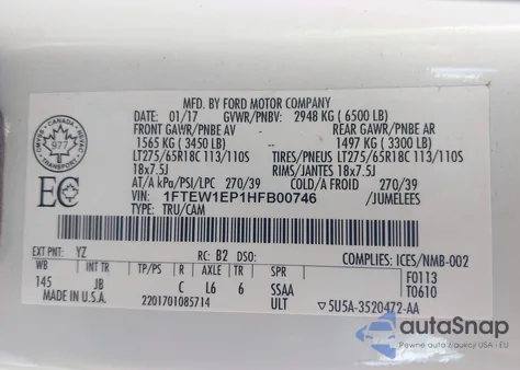 2017 Ford F-150 Xlt z USA, uszkodzony, nr VIN 1FTEW1EP1HFB00746